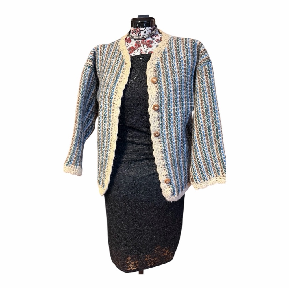 Vintage Inti Raymi Ecuador 100% Wool Crochet Trim Striped Cardigan